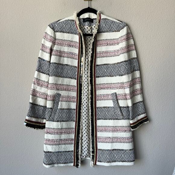 Zara Boucle Tweed Embellished Sequin Fringe Striped Open Jacket Size S - Picture 2 of 8